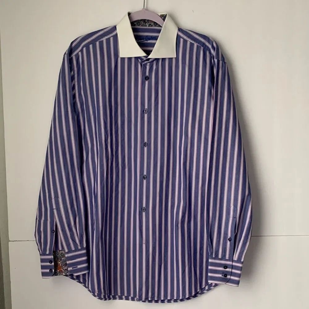 Robert Graham Men's Striped Blue and Pink Shirt Size XL/44/17,5